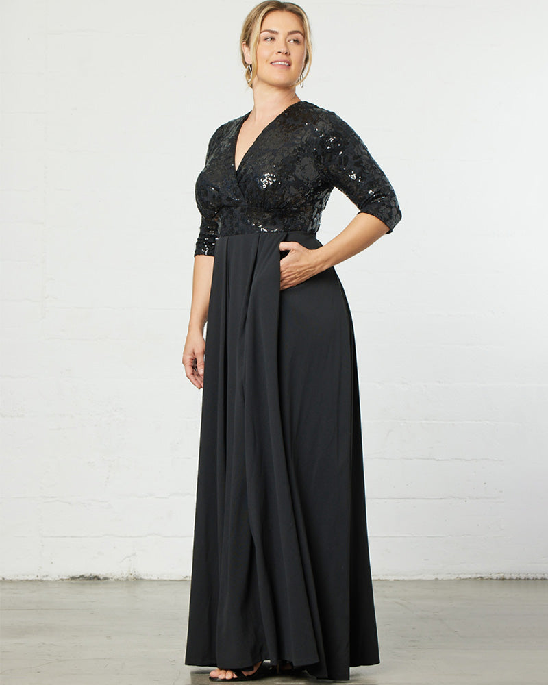 Plus Size Dresses Sequin Pleated Long Formal Plus Size Dress Kiyona 14190901 Onyx