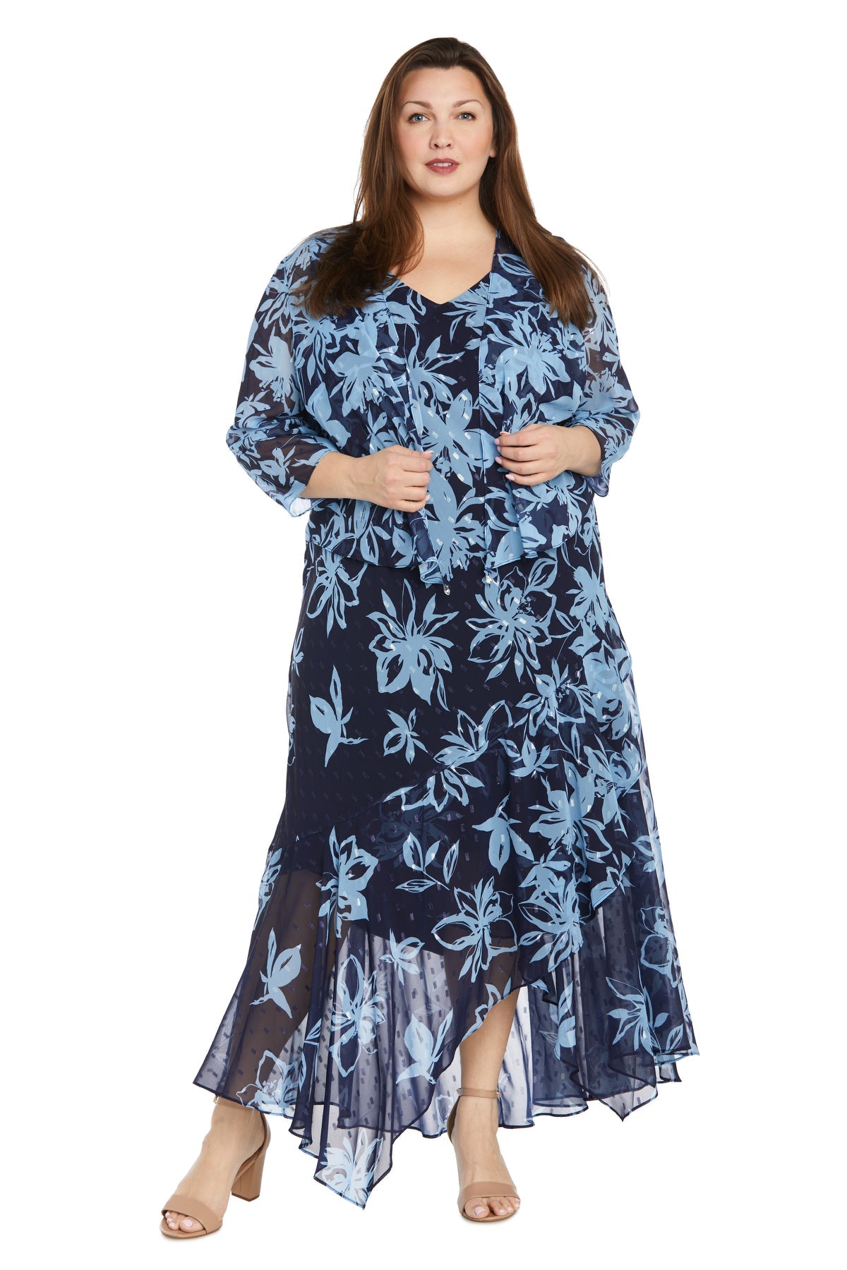 Plus Size Dresses High Low Plus Size Floral Print Jacket Dress Navy/Periwinkle
