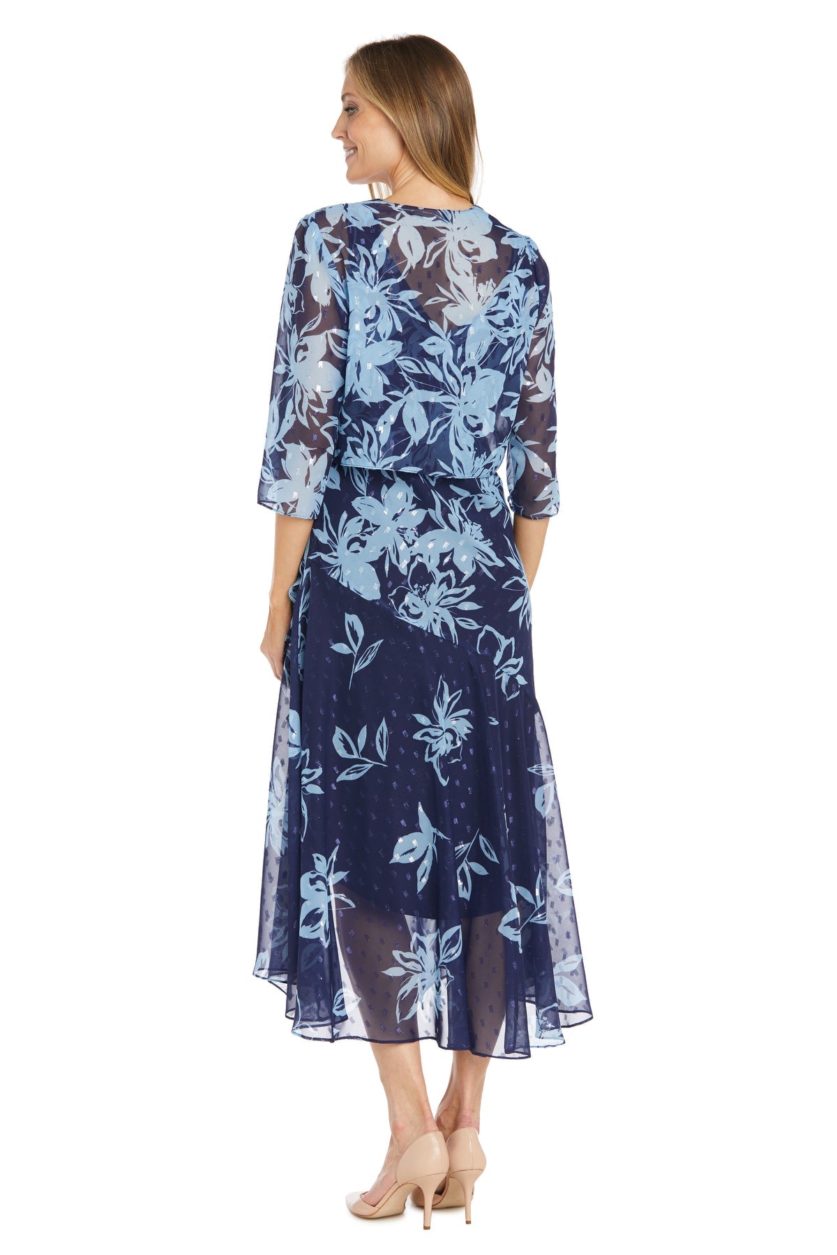 Mother of the Bride Dresses Floral High Low Print Mother of the Bride Jacket Dress Navy/Periwinkle