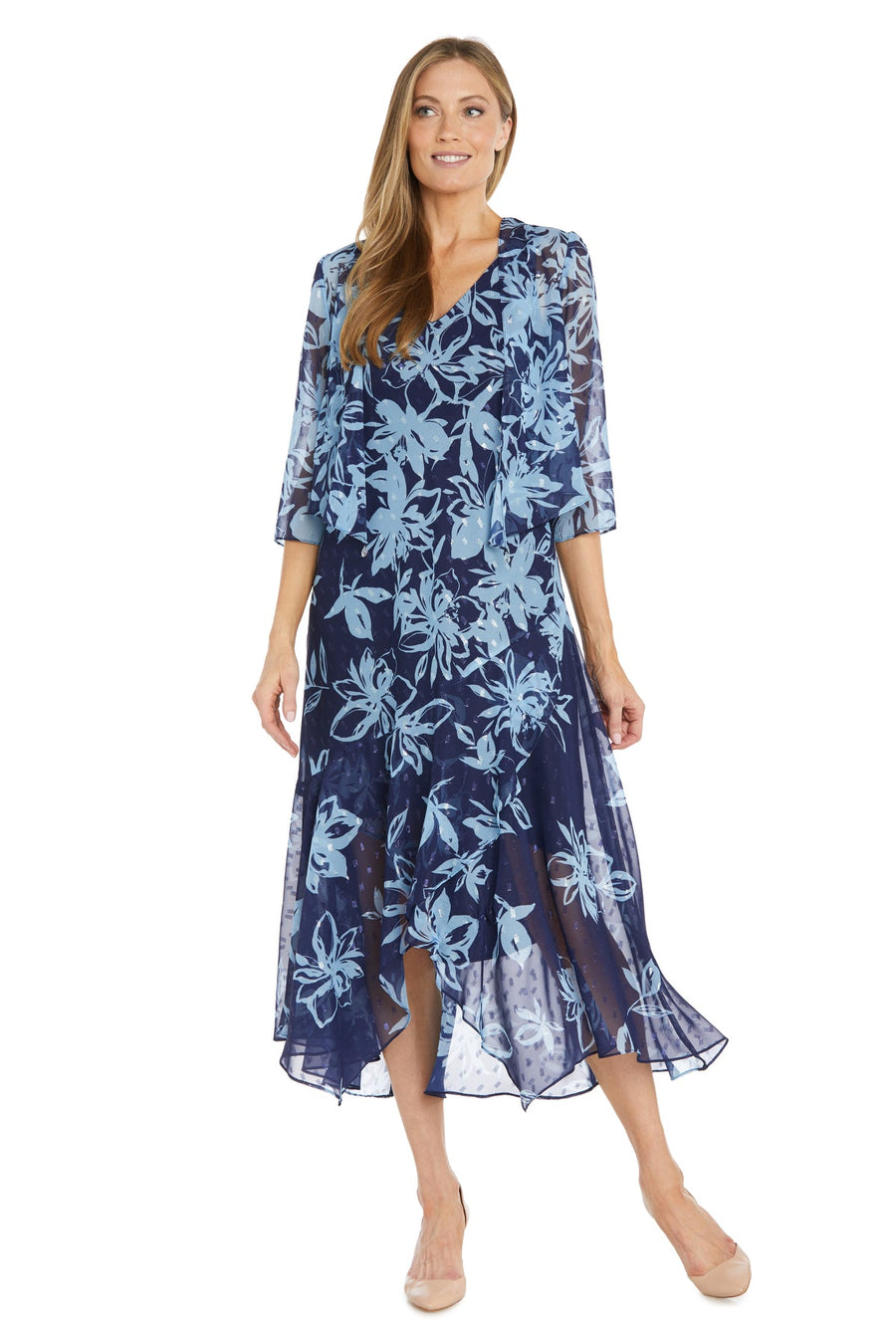 Mother of the Bride Dresses Floral High Low Print Mother of the Bride Jacket Dress Navy/Periwinkle