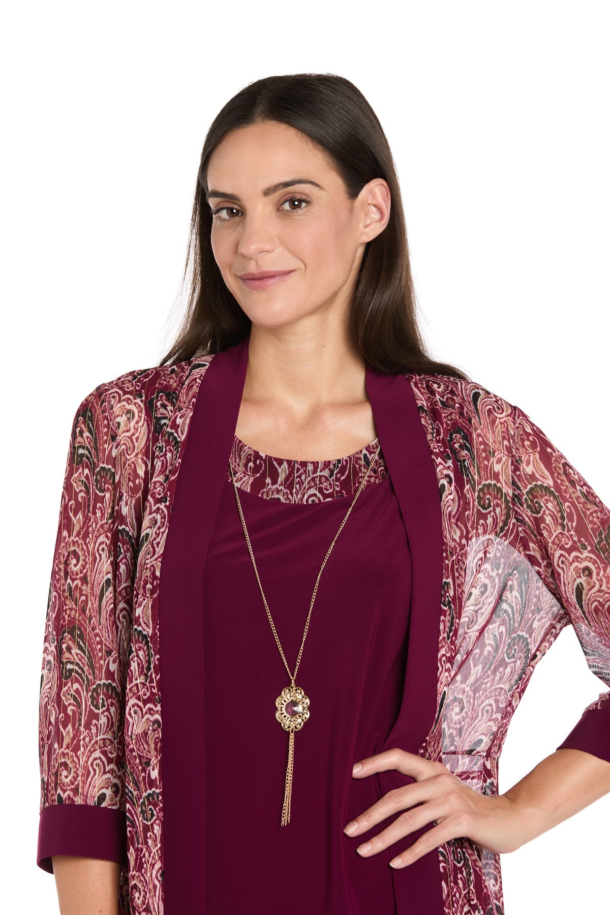 Square Neck Knee-Length Jacket Dress by R&M Richards 3029 in Wine