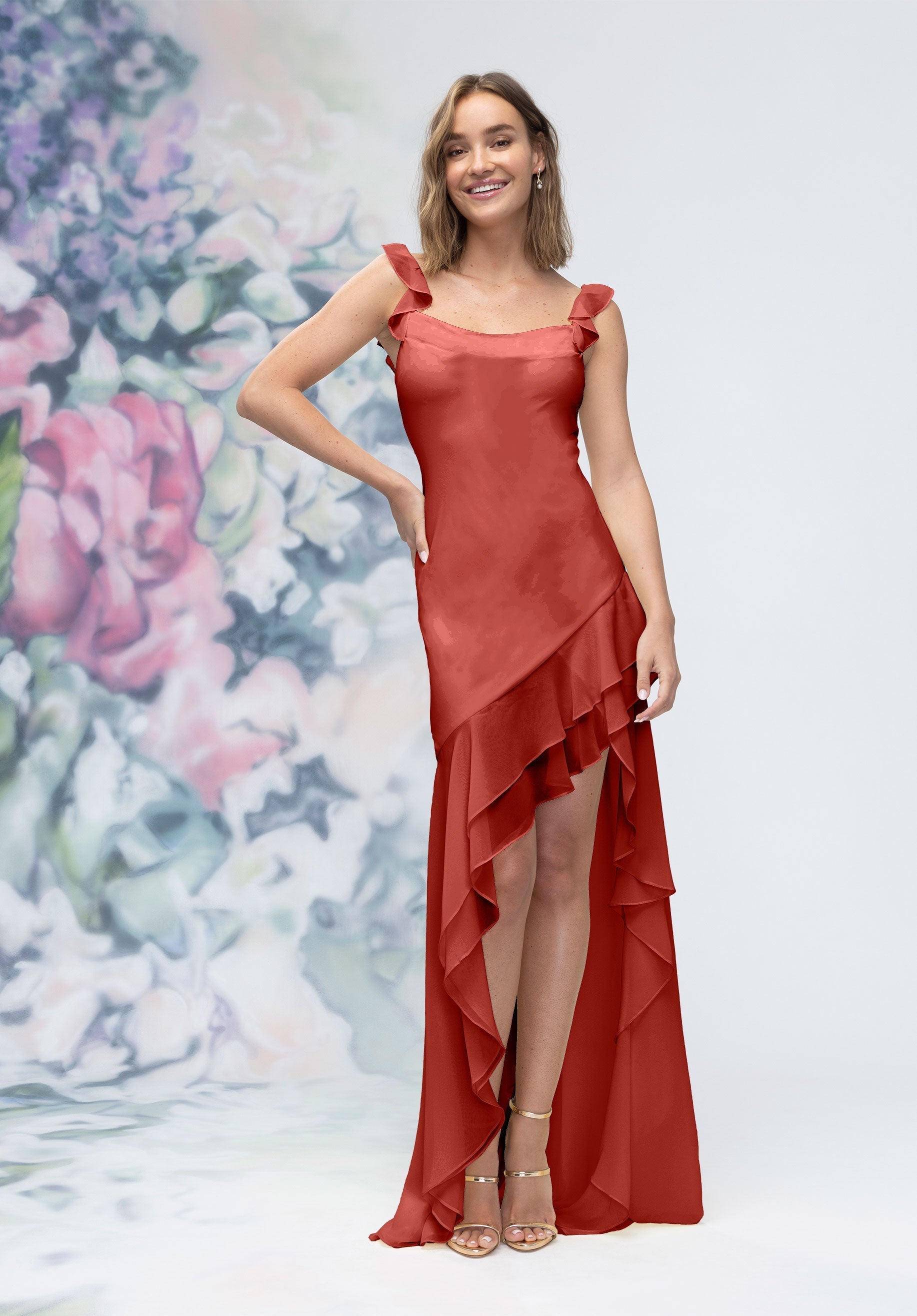 Prom Dresses Formal Long High Low Prom Ruffle Dress Terra Cotta
