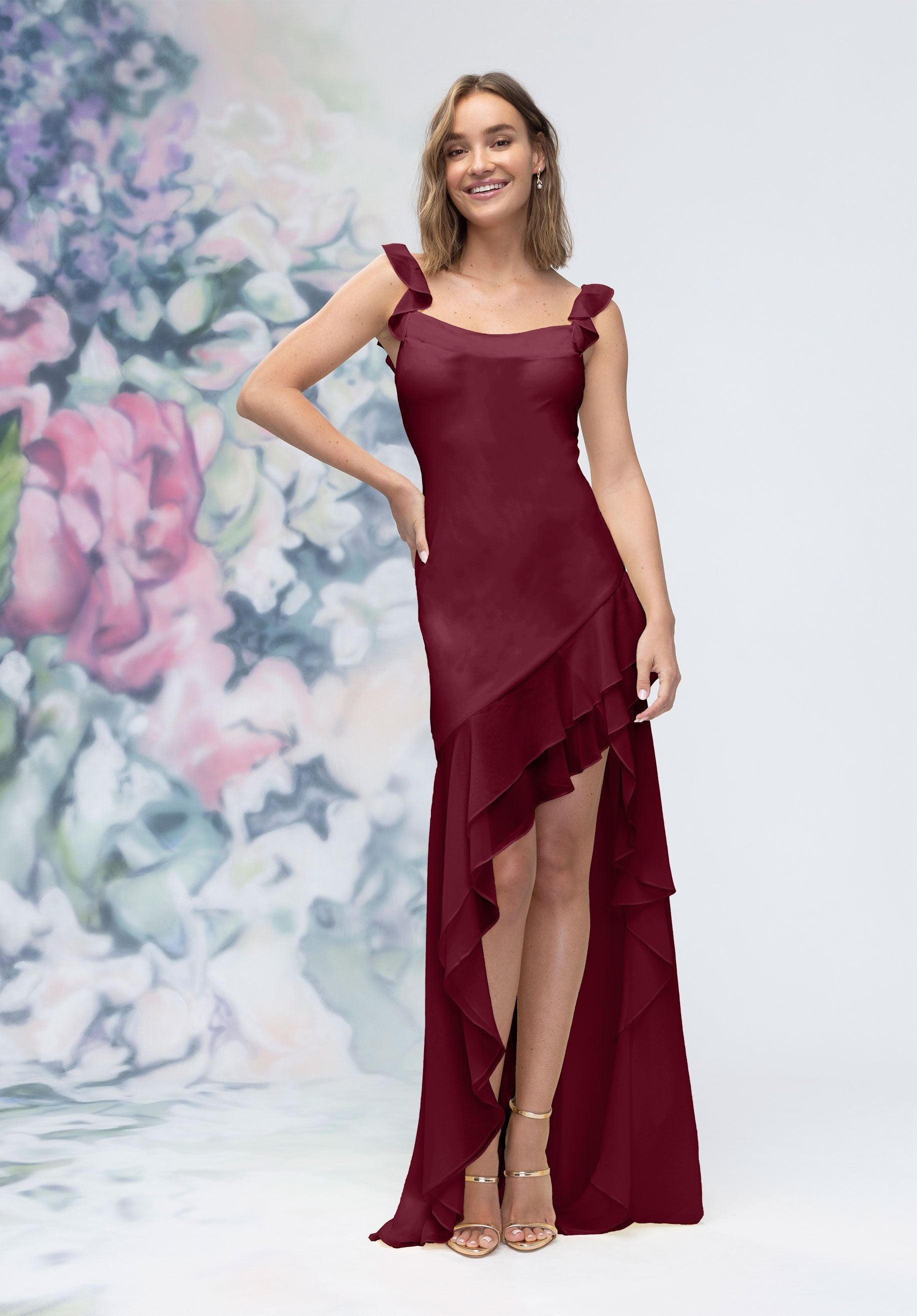 Prom Dresses High Low Long Formal Ruffle Prom Dress Bordeaux