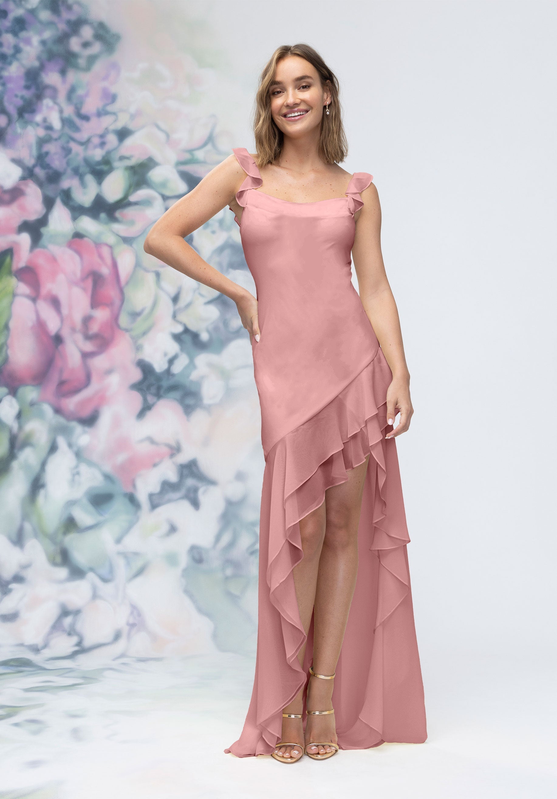 Prom Dresses Long Formal High Low Ruffle Prom Dress Desert Rose