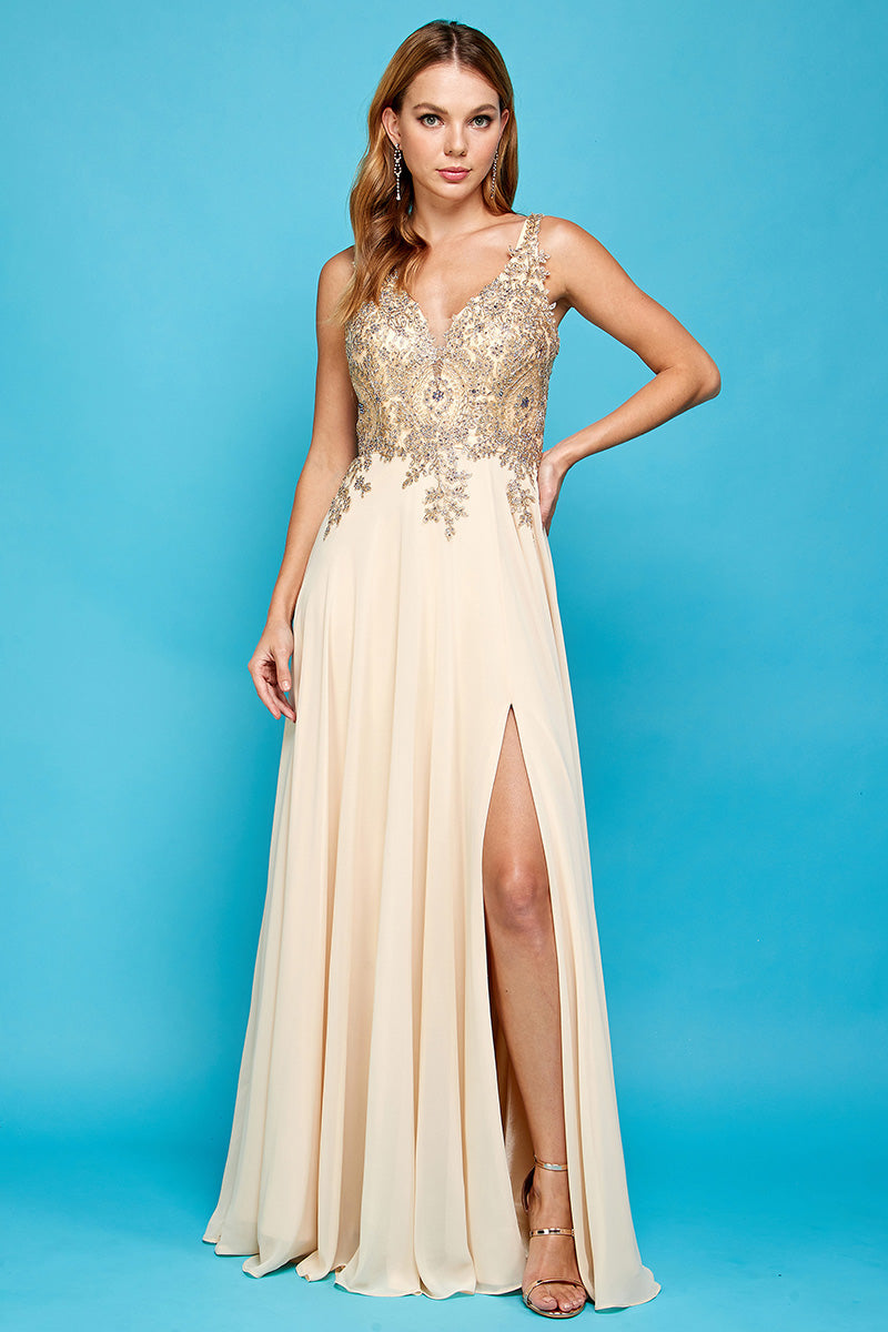 Adora Design Gold Applique V-Neck Chiffon Slit Long Prom Dress 3034P