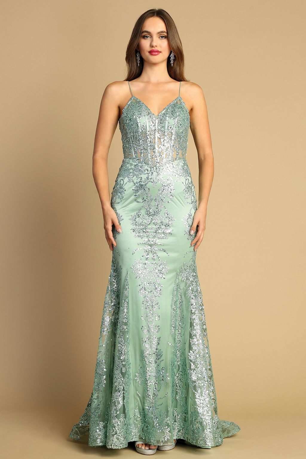 Adora 3053N Mermaid Long Formal Glitter Applique Prom Dress