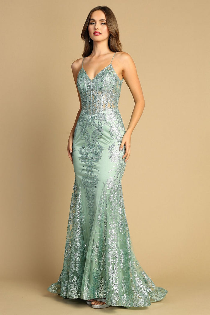 Prom Dresses Mermaid Long Formal Glitter Applique Prom Dress Sage