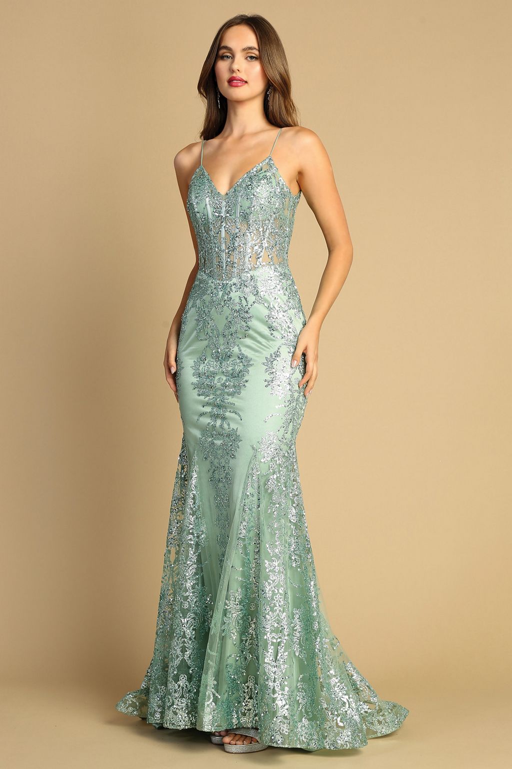 Adora 3053N Mermaid Long Formal Glitter Applique Prom Dress