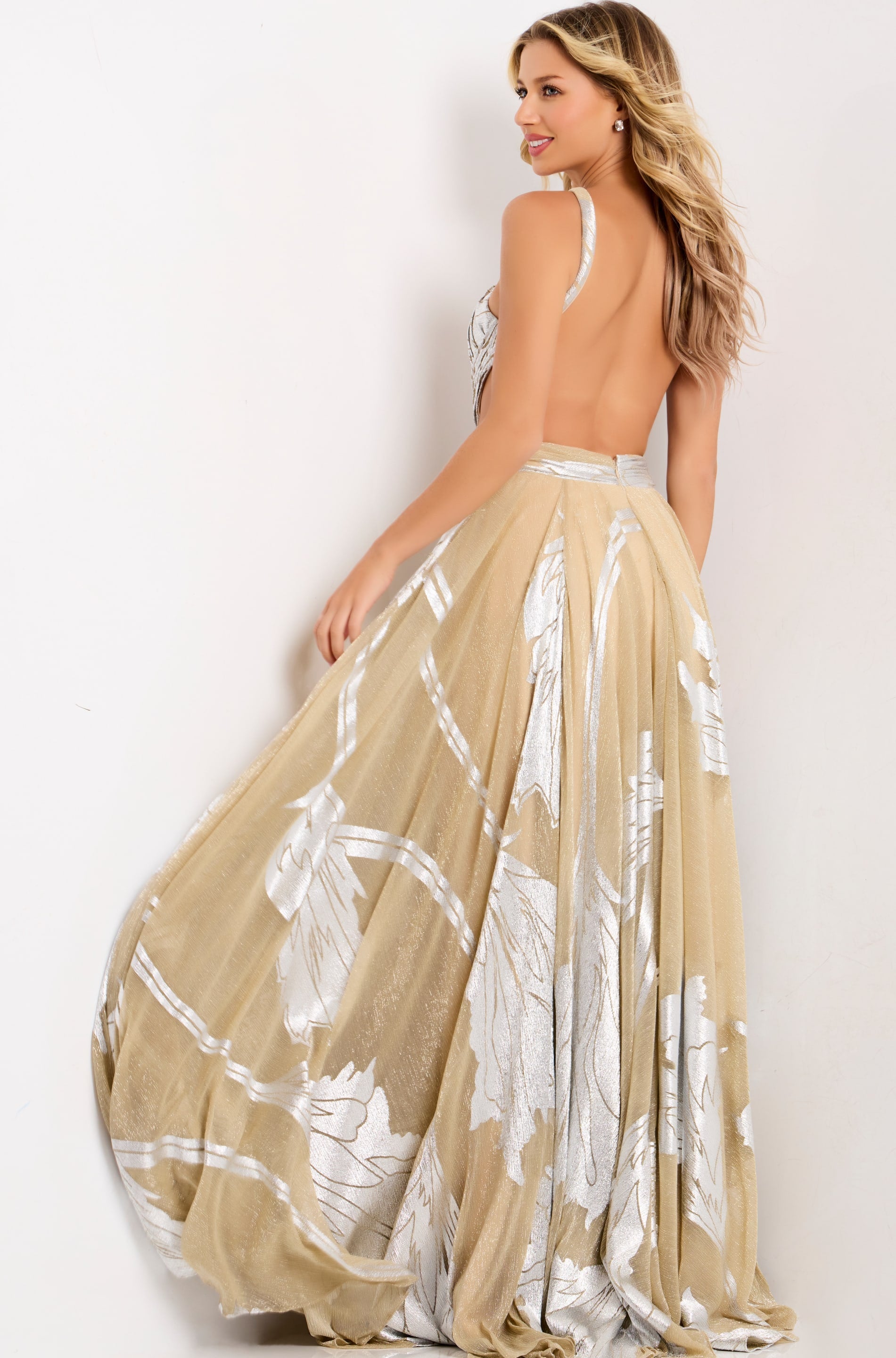 Prom Dresses Long Formal A Line Slit Metallic Prom Dress Jovani 44421 Nude/Silver