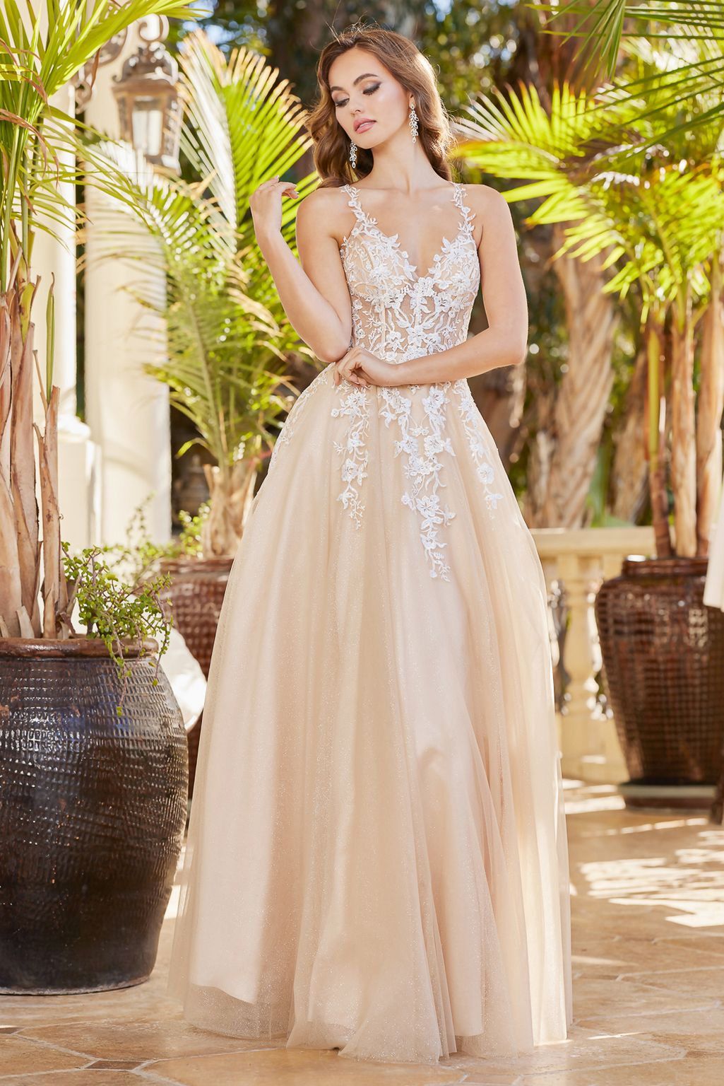 Prom Dresses A Line Floral Long Formal Prom Dress Nude