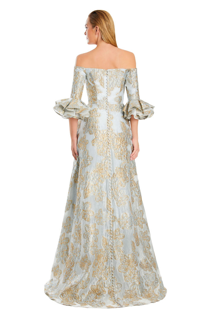 Printed Long Formal Evening Pocket DressLight Blue Gold