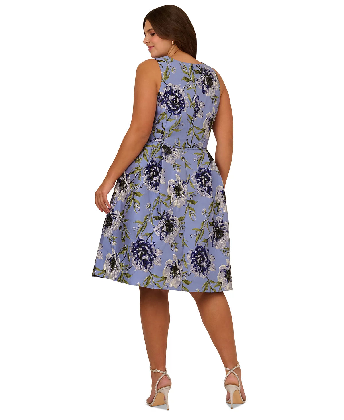 Blue Multi Adrianna Papell AP1D105646 Bateau Knee-Length Jacquard Cocktail Dress Floral