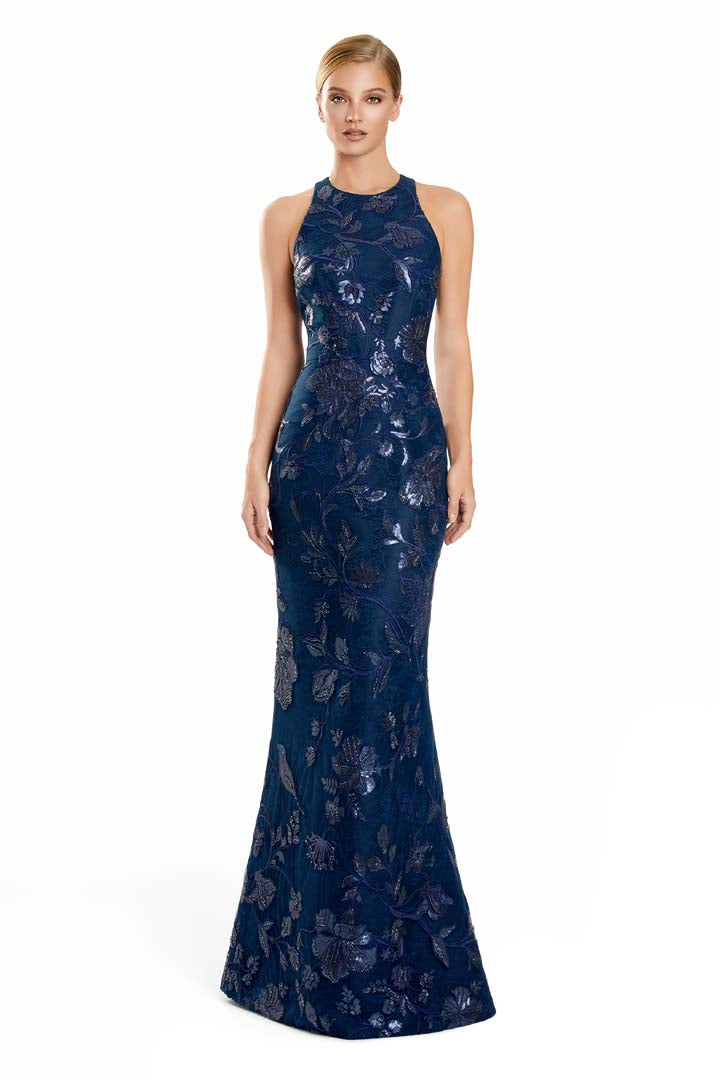 Formal Dresses Fitted Long Formal Evening Floral Dress Navy