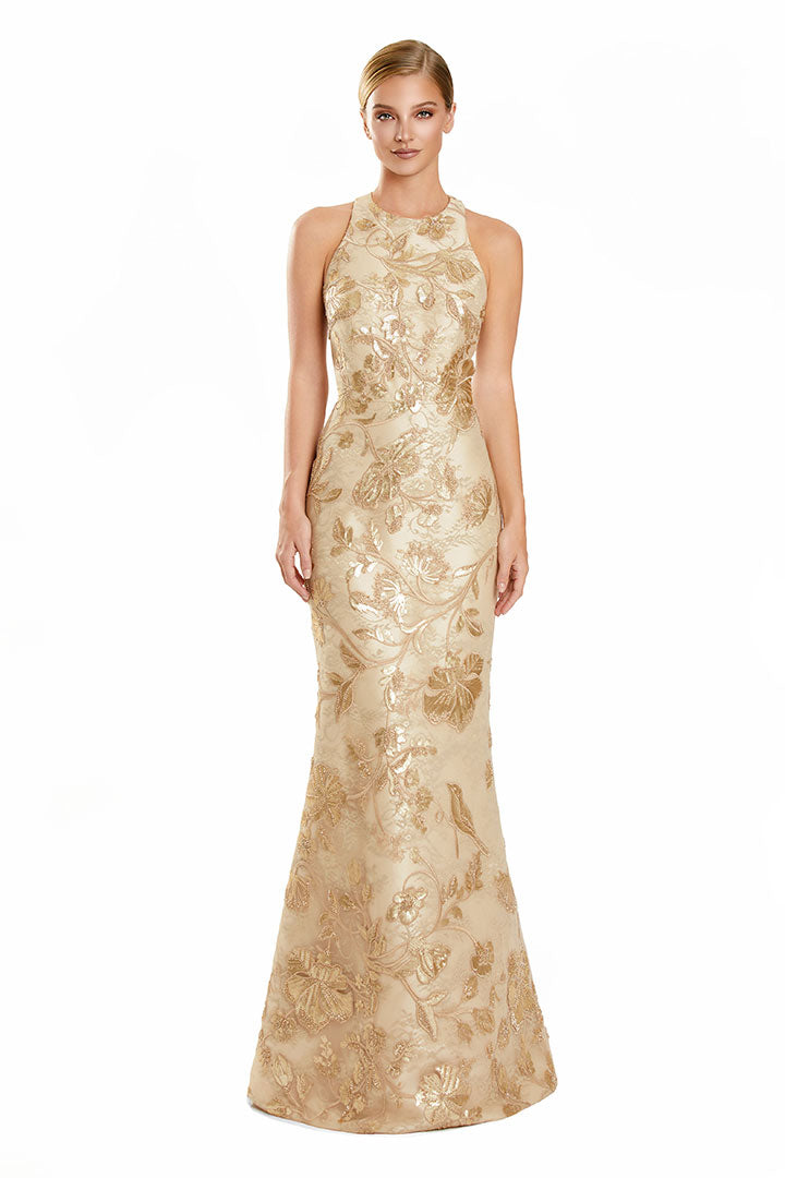 Formal Dresses Fitted Long Formal Evening Floral Dress Gold