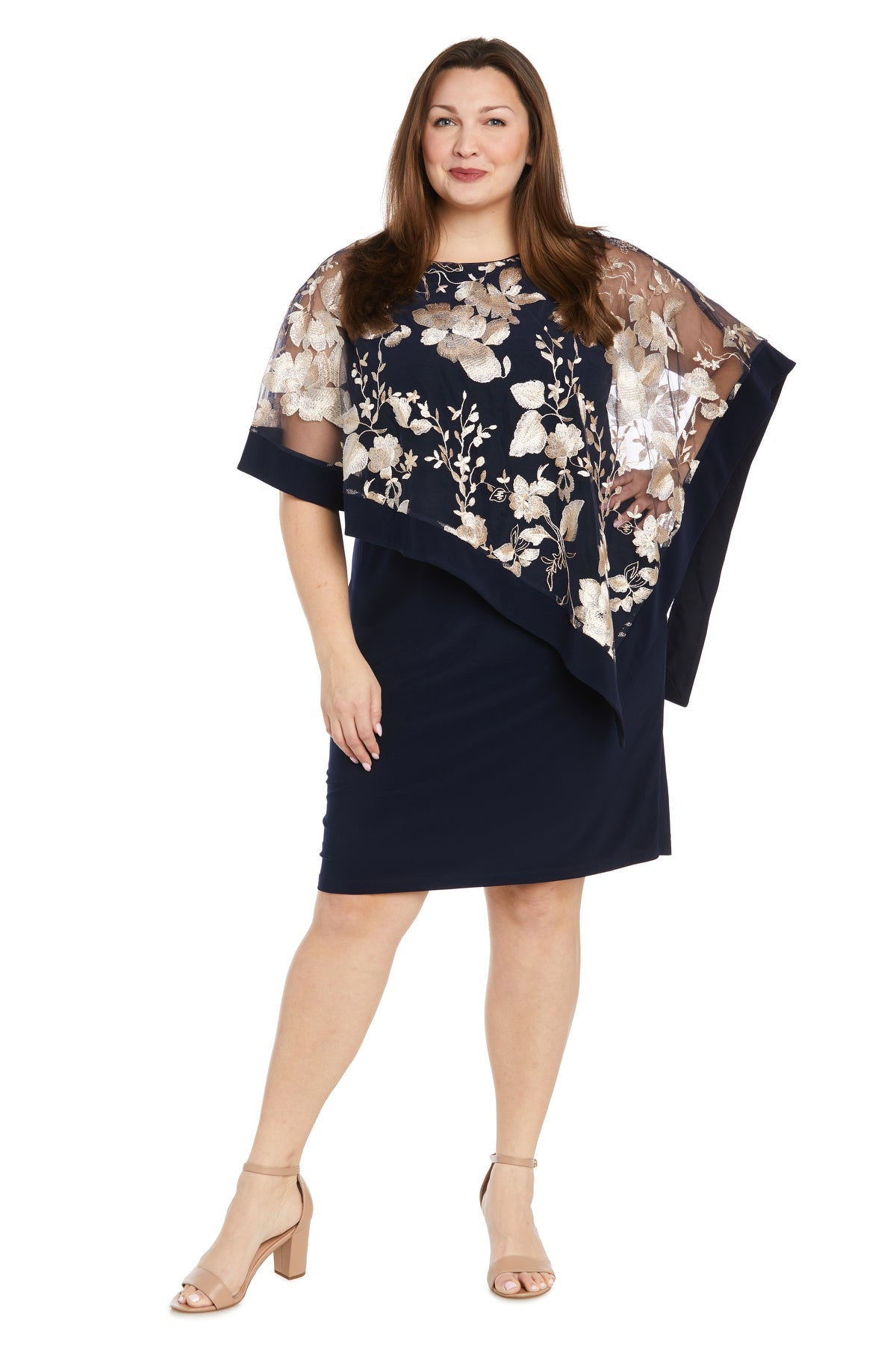 Bateau Knee-Length Embroidered Cocktail Dress by R&M Richards 3107W in Navy/Champagne