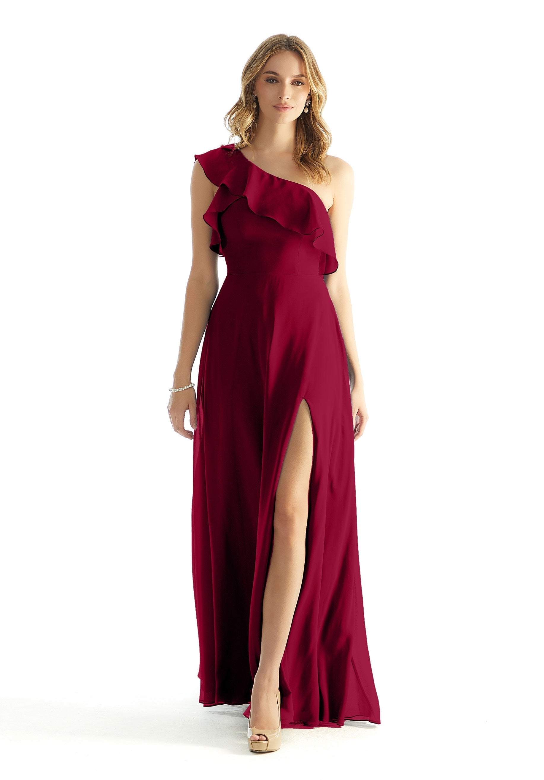 Formal Dresses A Line Long Ruffle Formal Dress MGNY Madeline Gardner New York 31235 Claret