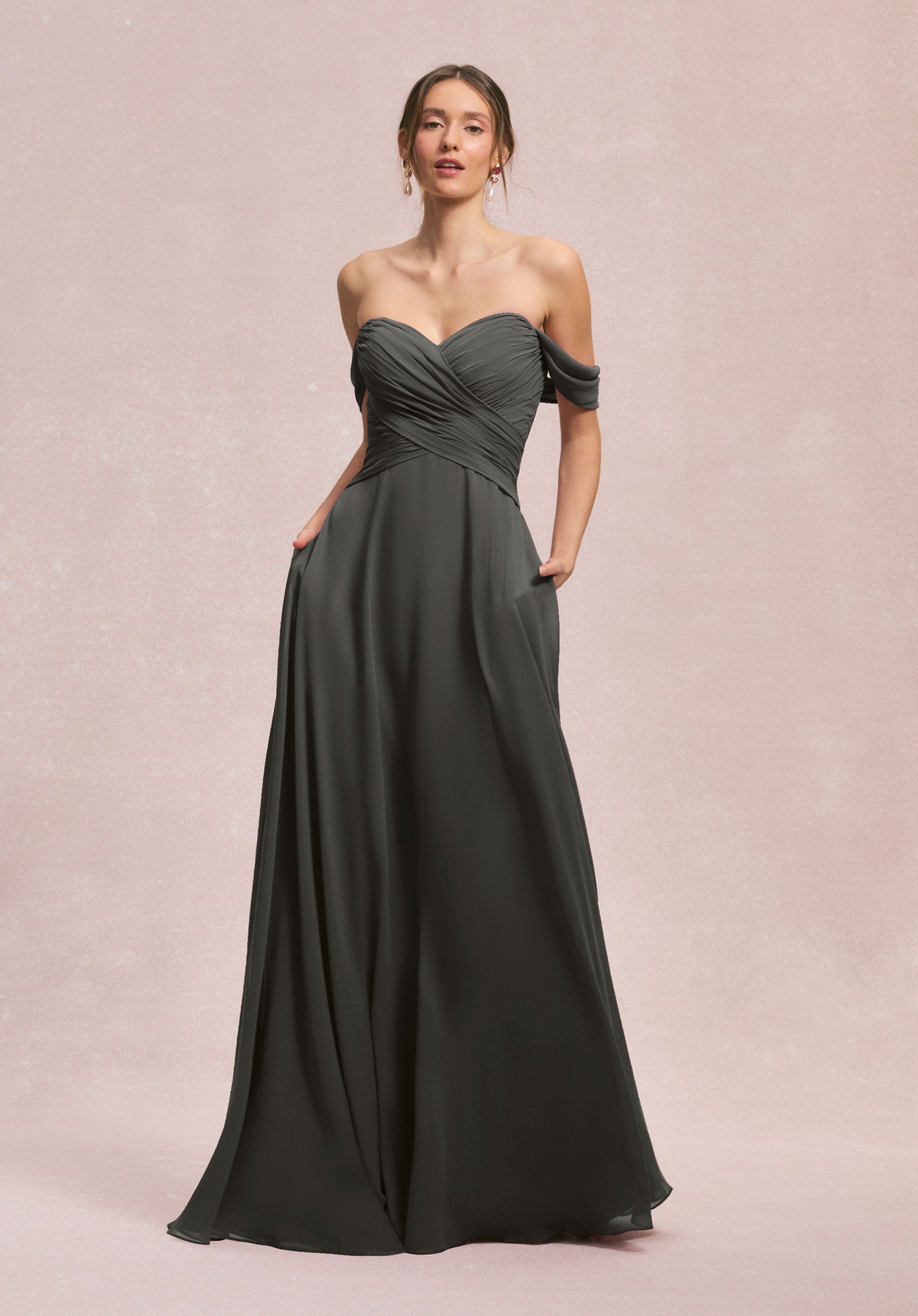Formal Dresses Long Pleated Formal A Line Dress MGNY Madeline Gardner New York 31248 Charcoal