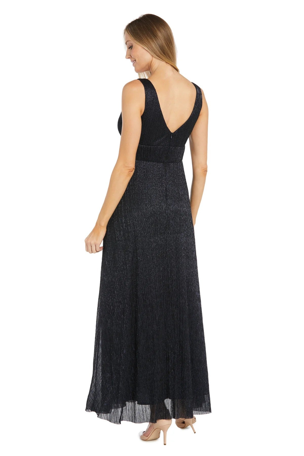 Formal Dresses Long Formal Pleated Metallic Evening Dress Navy