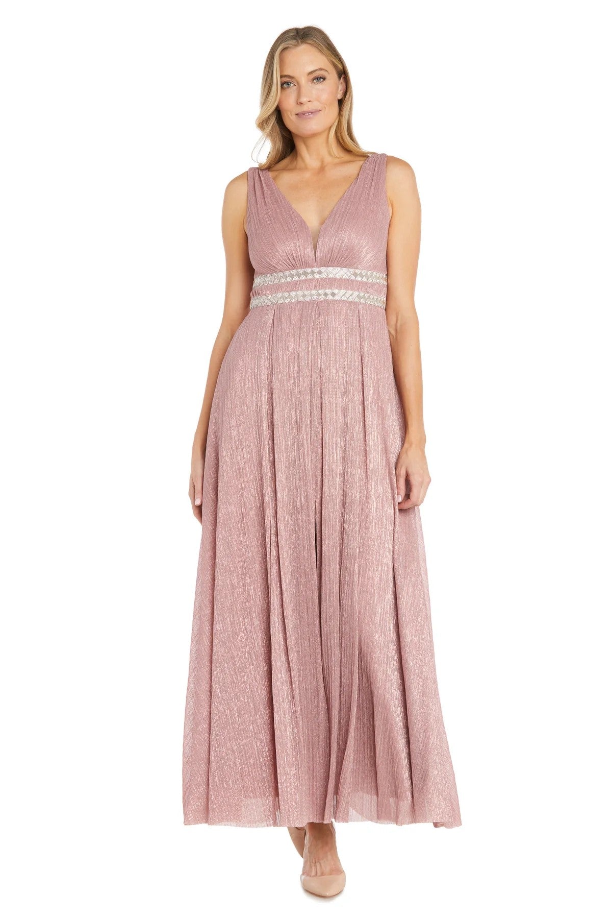 Rose R&M Richards 3138 Long Formal Pleated Metallic Evening Dress for