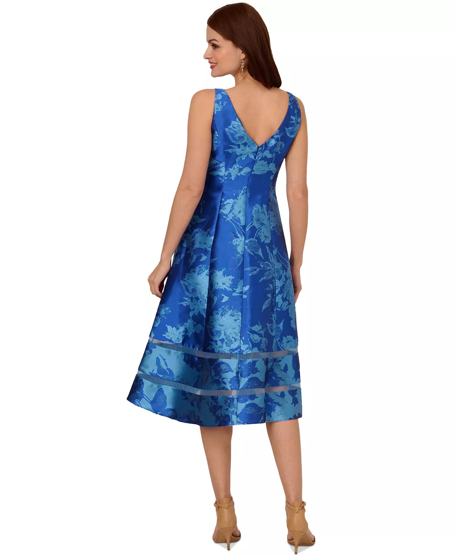 Blue Multi Adrianna Papell AP1E211980W Bateau Short Jacquard Cocktail Dress