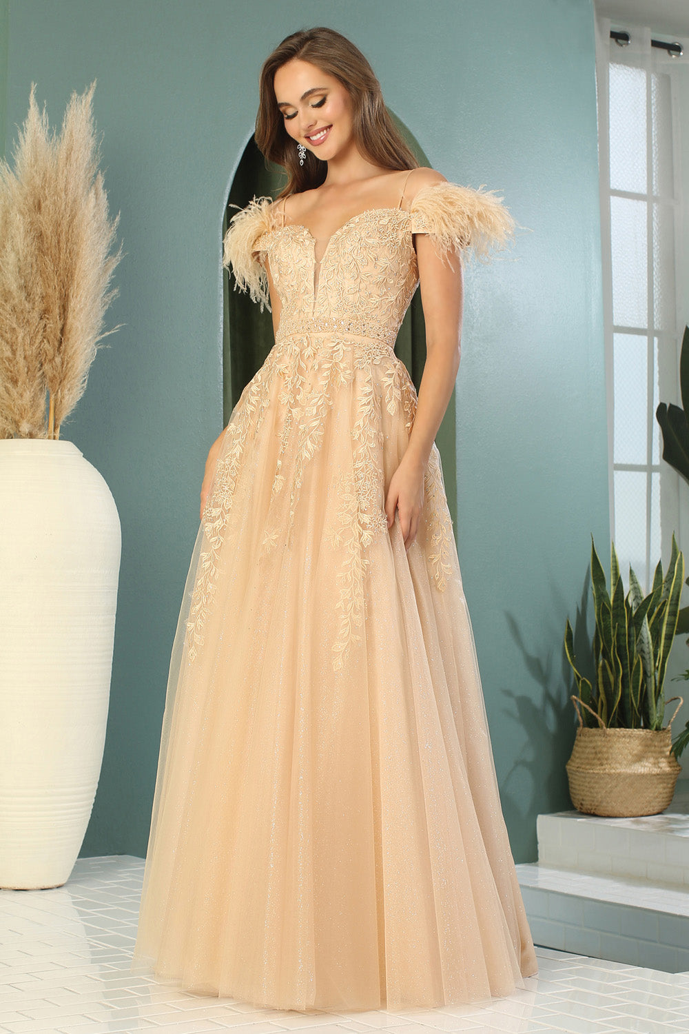 Prom Dresses Long Glitter Applique Formal A Line Prom Dress Champagne