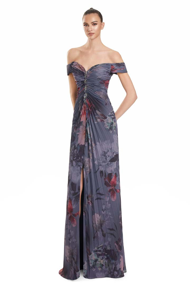 Formal Dresses A Line Formal Long Slit Pleated Floral Dress Grey/Multi
