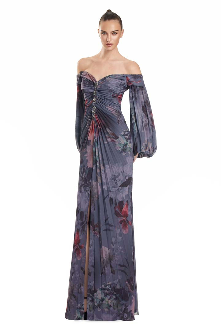 Formal Dresses A Line Formal Long Slit Pleated Floral Dress Grey/Multi