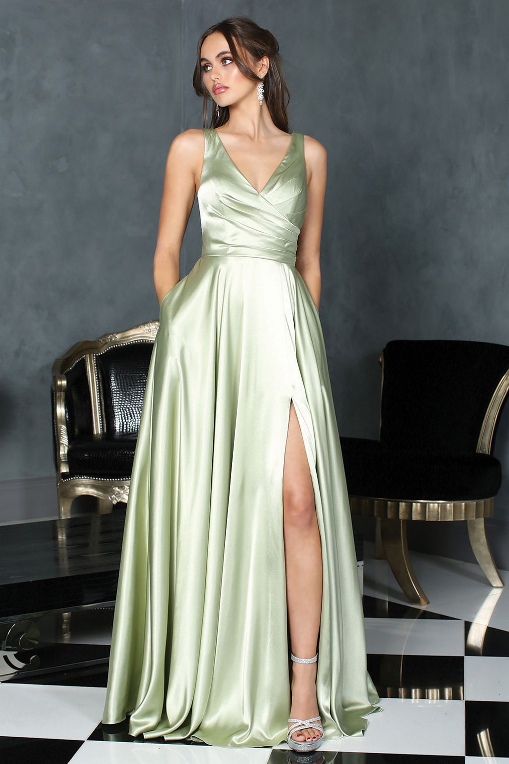 Prom Dresses Pleated Long Formal Slit A Line Prom Dress Sage