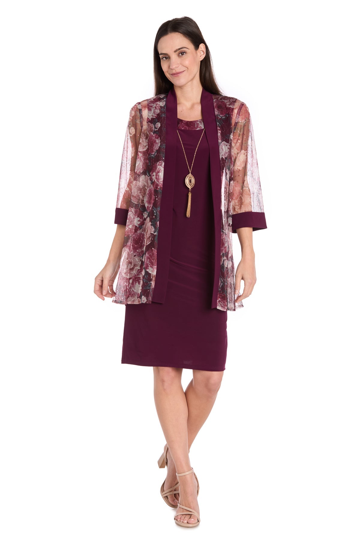 Square Neck Knee-Length Chiffon Cocktail Dress with Jacket by R&M Richards 3162P in Wine
