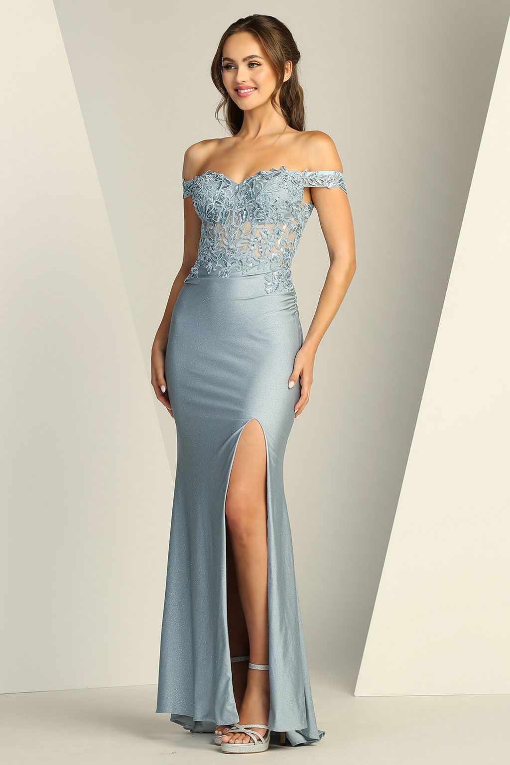 Prom Dresses Long Formal Fitted Lace Prom Dress Dusty Blue
