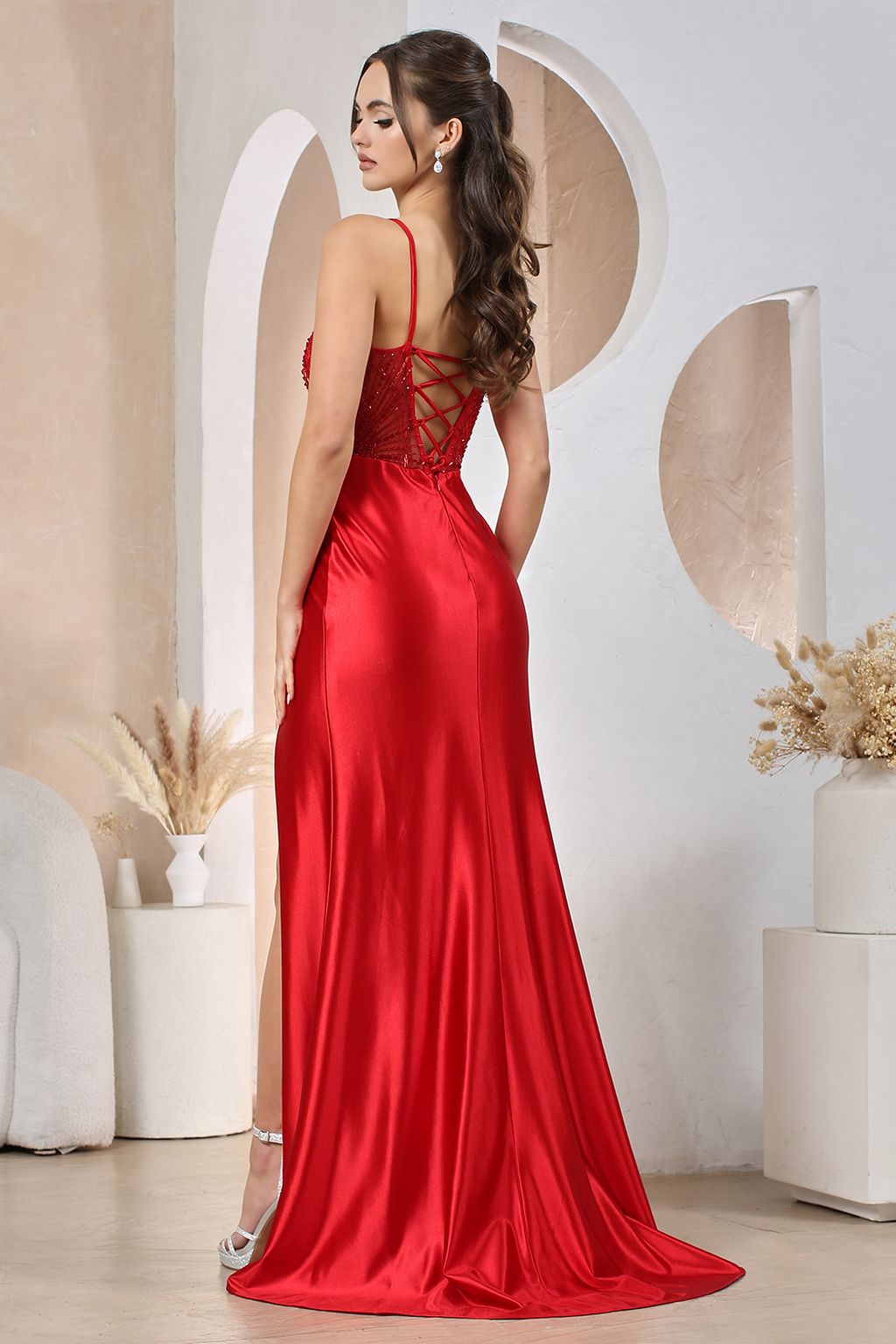 Prom Dresses Long Slit Lace Formal Prom Dress Red
