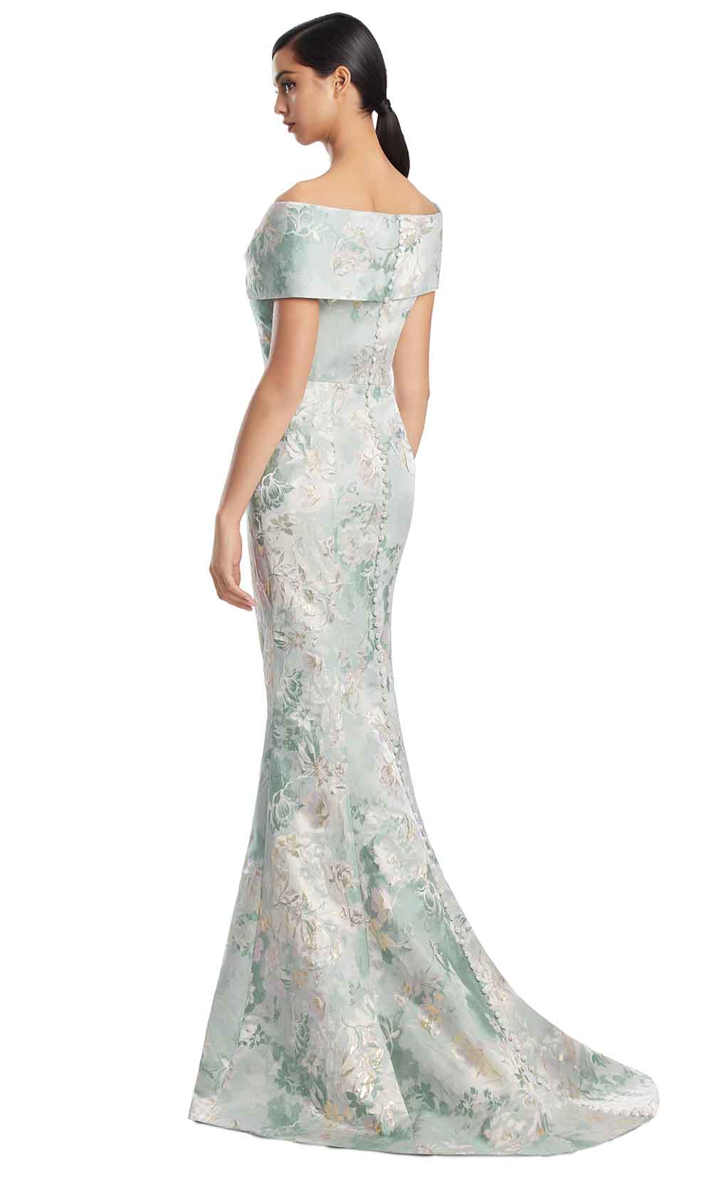 Off-Shoulder Floor-Length Floral Jacquard Formal Gown by Alexander by Daymor 3203S26 in Hint of Mint/Multi