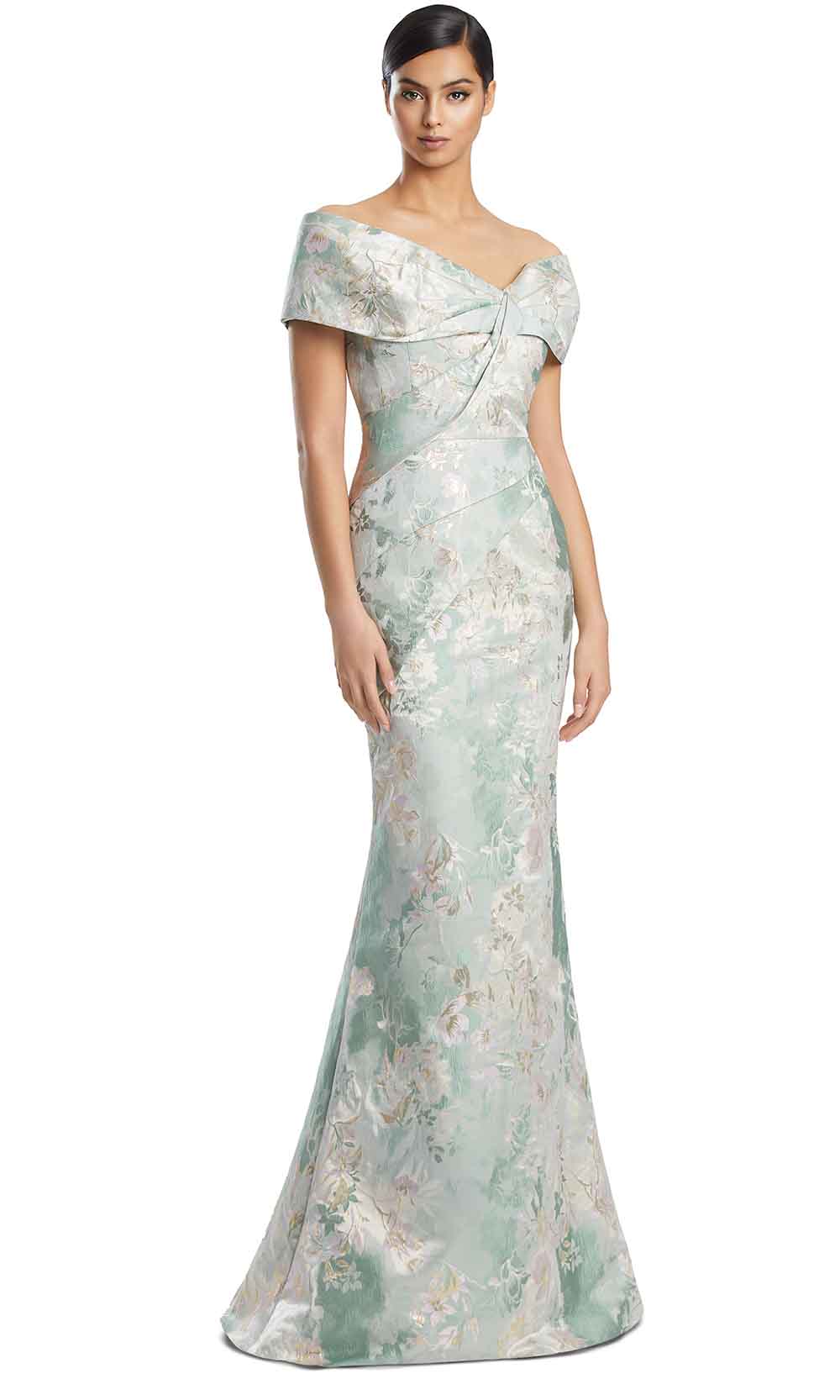 Off-Shoulder Floor-Length Floral Jacquard Formal Gown by Alexander by Daymor 3203S26 in Hint of Mint/Multi