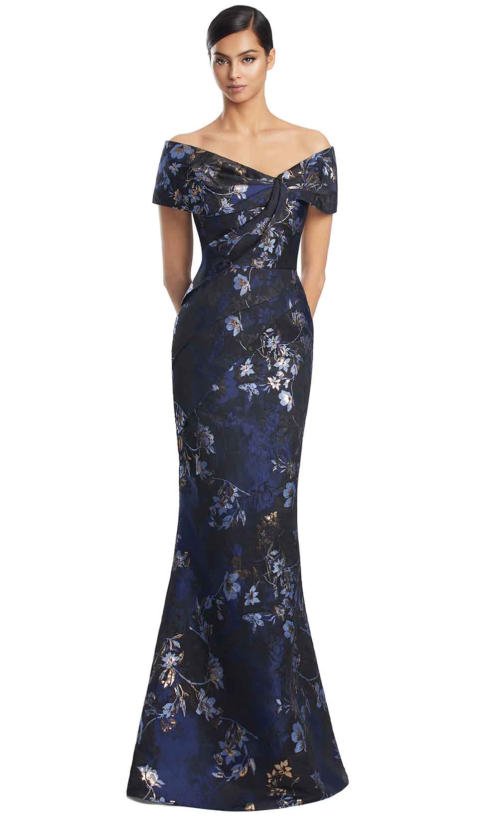 Off-Shoulder Floor-Length Floral Jacquard Formal Gown by Alexander by Daymor 3203S26 in Navy/Gold Multi