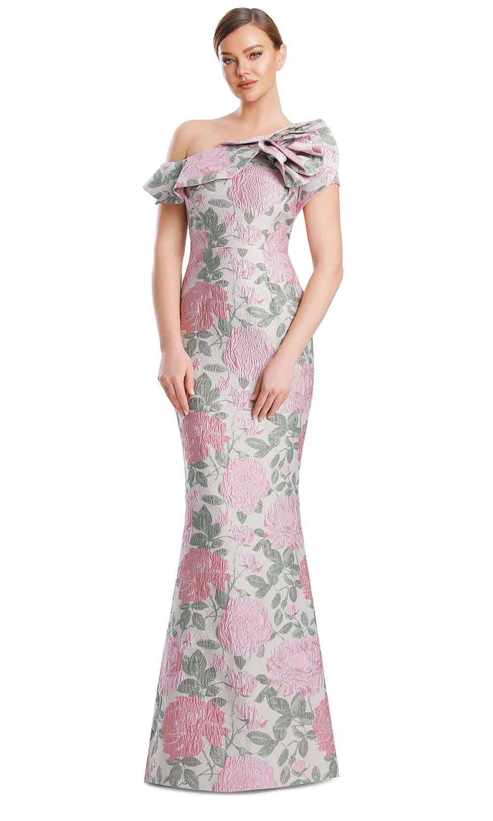 Off-Shoulder Floor-Length Floral Jacquard Gown by Alexander by Daymor 3205S26 in Rose/Multi