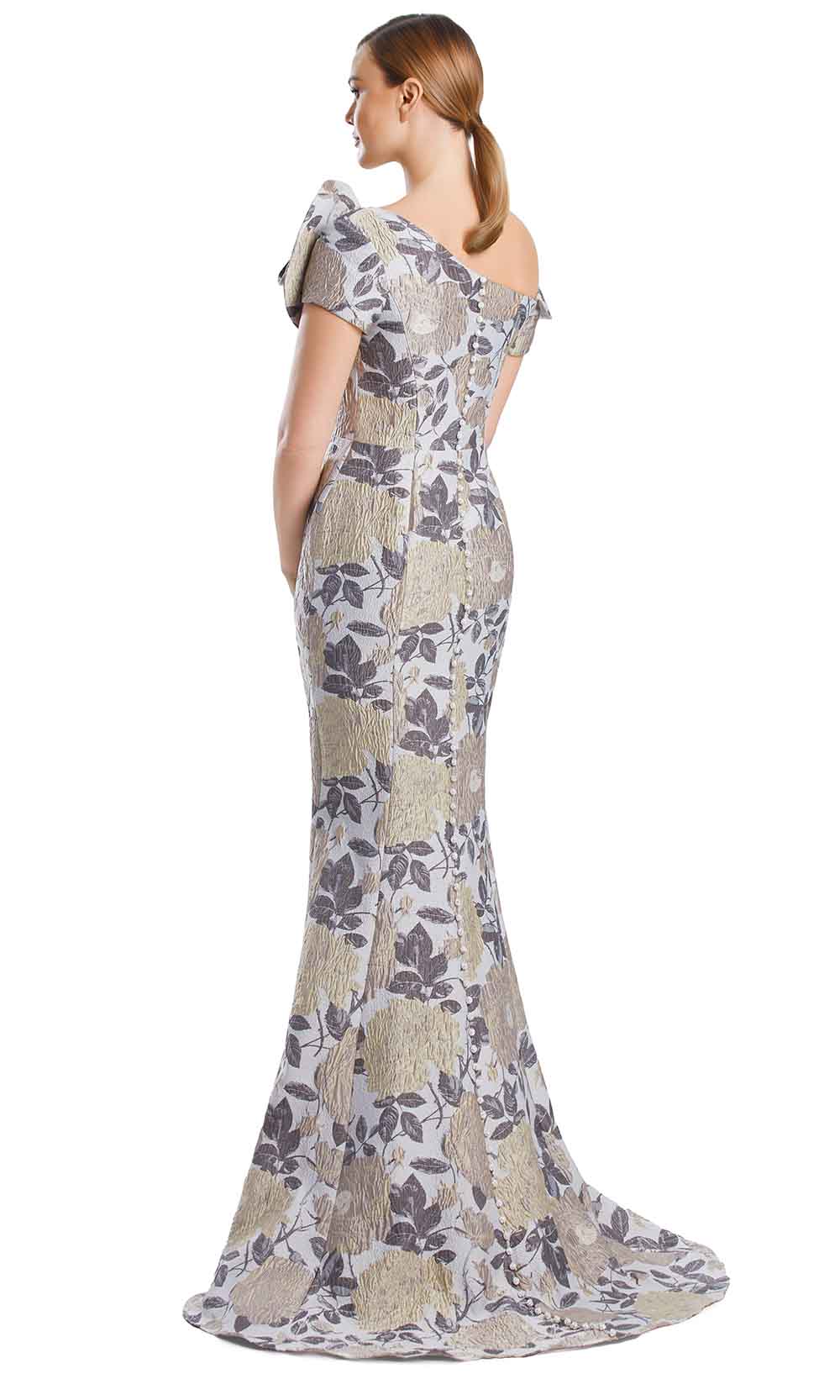 Off-Shoulder Floor-Length Floral Jacquard Gown by Alexander by Daymor 3205S26 in Taupe/Multi