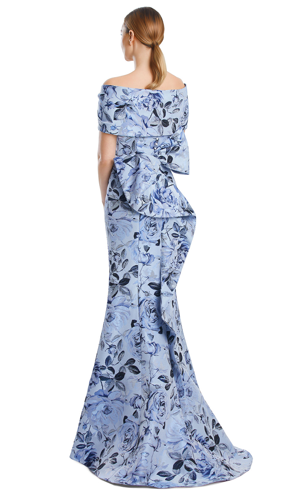 Off-Shoulder Long Floral Jacquard Gown by Alexander by Daymor 3206S26 in Ice Blue/Multi