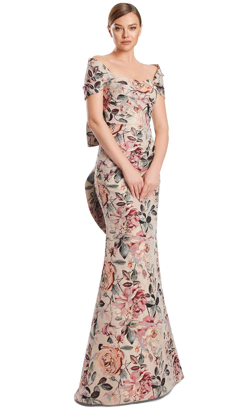 Off-Shoulder Long Floral Jacquard Gown by Alexander by Daymor 3206S26 in Peach/Multi