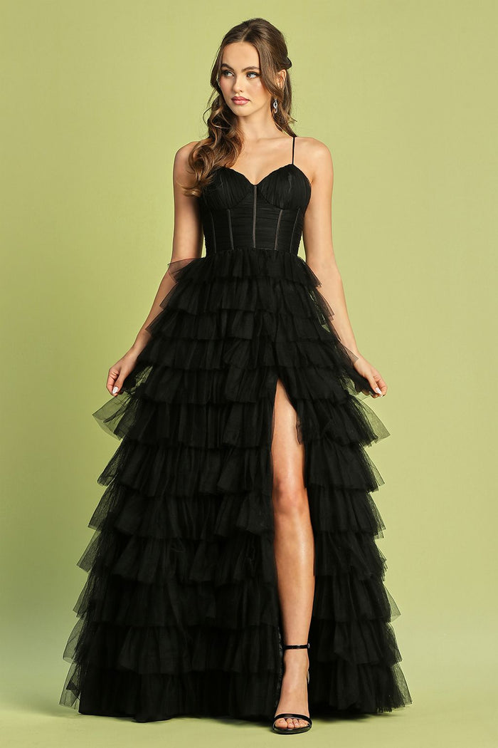 Prom Dresses Long Prom Layered Slit Formal Dress Black