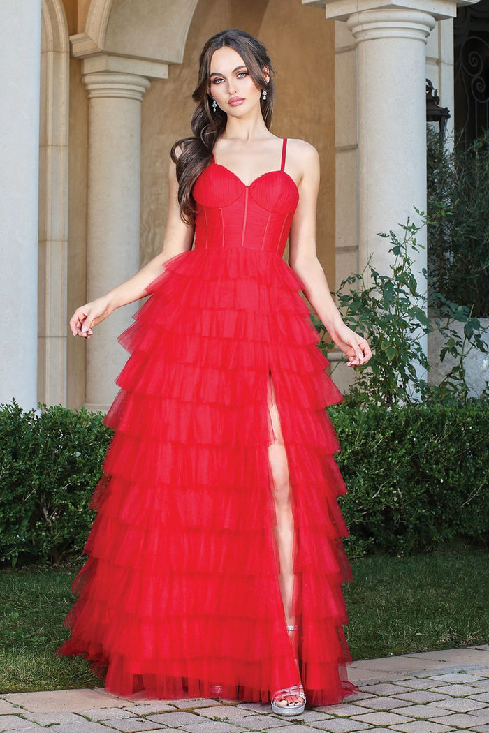 Prom Dresses Long Prom Layered Slit Formal Dress Red