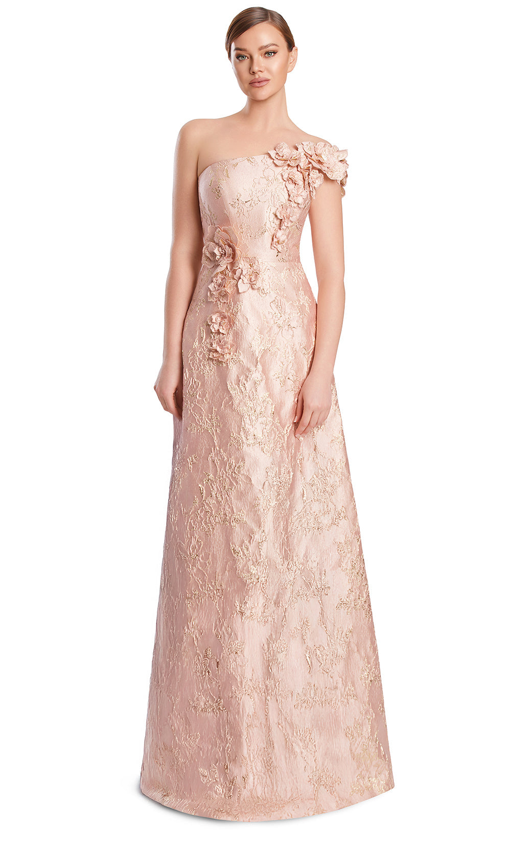 One-Shoulder Long Lace Evening Gown by Alexander by Daymor 3210S26 in Soft Coral/Gold