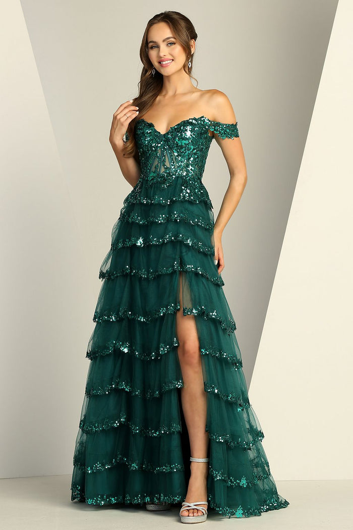 Prom Dresses A Line Sequin Long Formal Prom Dress Emerald