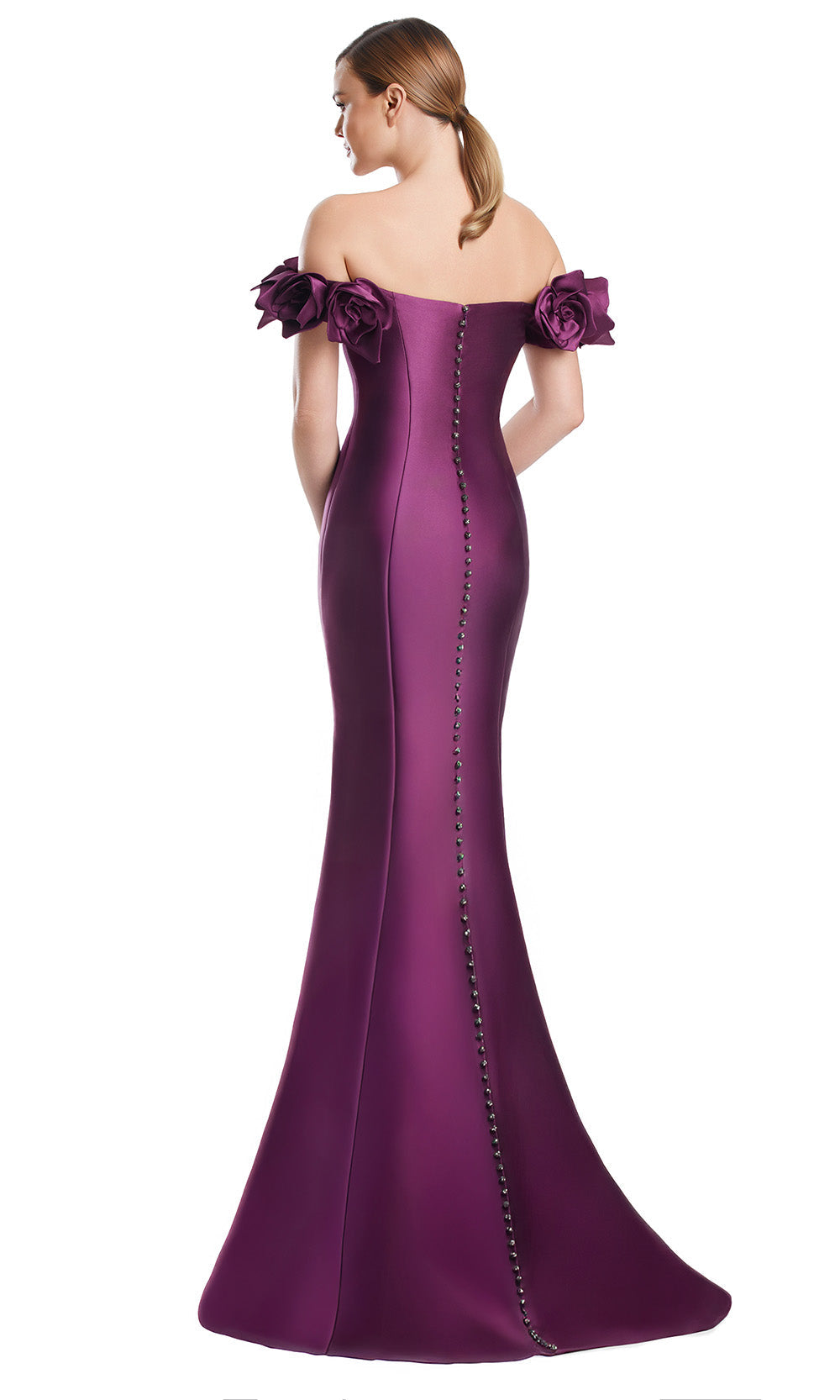 Off-Shoulder Long Floral Gown by Alexander by Daymor 3217S26 in Plum