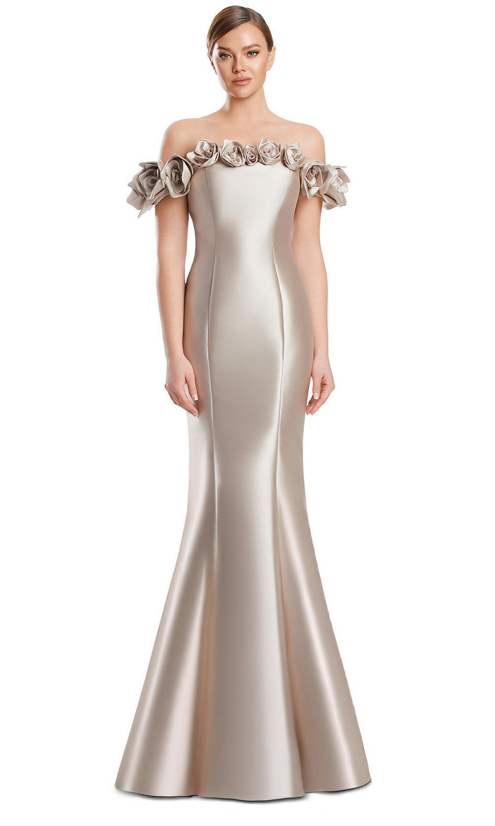 Off-Shoulder Long Floral Gown by Alexander by Daymor 3217S26 in Wheat