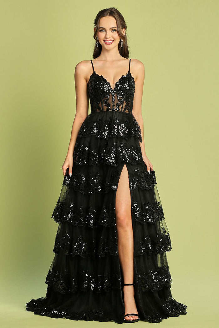Prom Dresses Long Sequin A Line Ruffle Formal Prom Dress Black