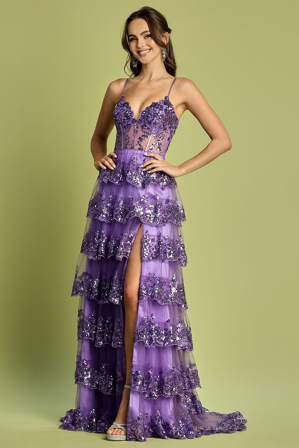 Prom Dresses Long Sequin A Line Ruffle Formal Prom Dress Lavender