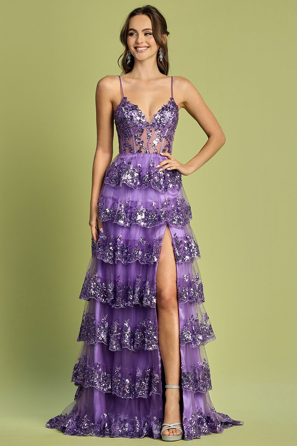 Prom Dresses Long Sequin A Line Ruffle Formal Prom Dress Lavender