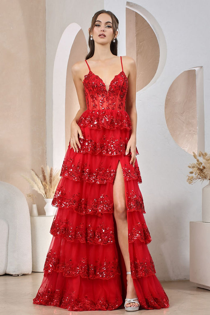 Prom Dresses Long Sequin A Line Ruffle Formal Prom Dress Red