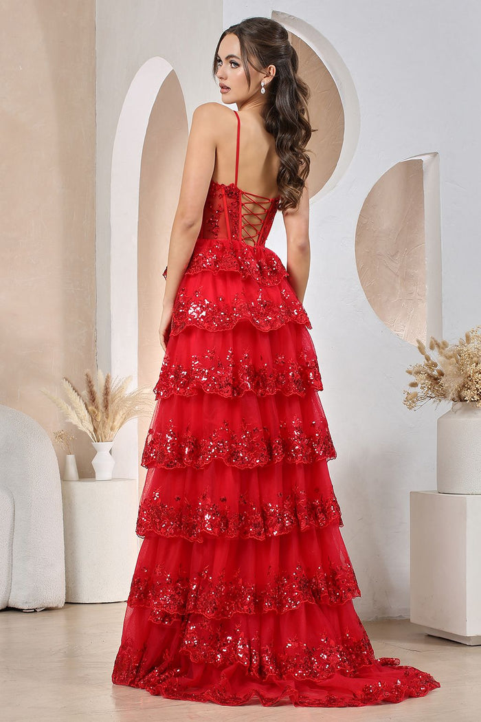 Prom Dresses Long Sequin A Line Ruffle Formal Prom Dress Red