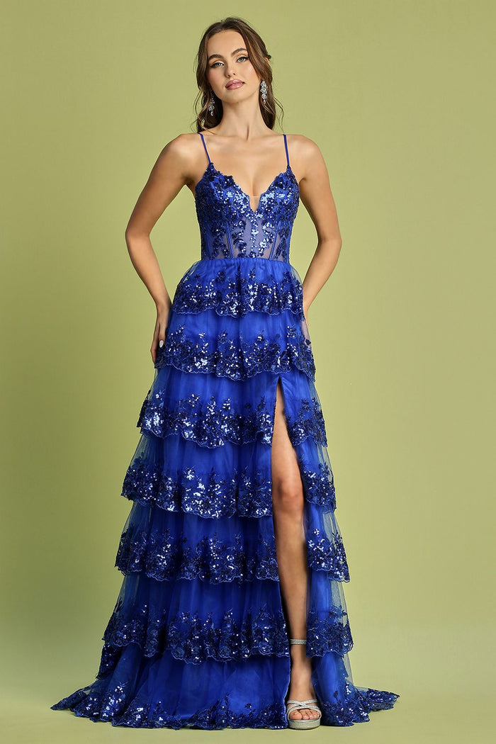 Prom Dresses Long Sequin A Line Ruffle Formal Prom Dress Royal Blue